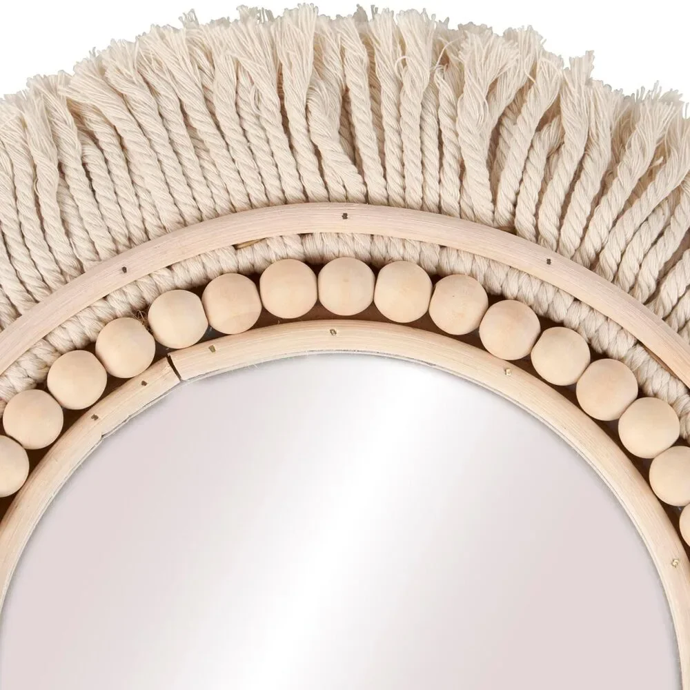 Boho Beaded Fringe Round Wall Mirror | Cotton Fringe & Wooden Bead Decorative M